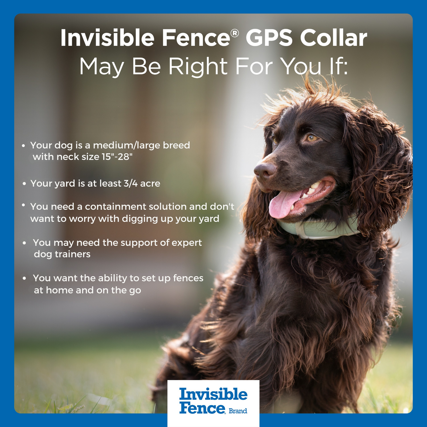 Invisible Fence GPS collar may be right for you if your dog is a medium/large breed (with neck size 15"-28"), your yard is at least 3/4 acre, You need a containment solution and don't want to worry about digging up your yard, you may need the support of expert dog trainers, you want the ability to set up fences at home and on the go