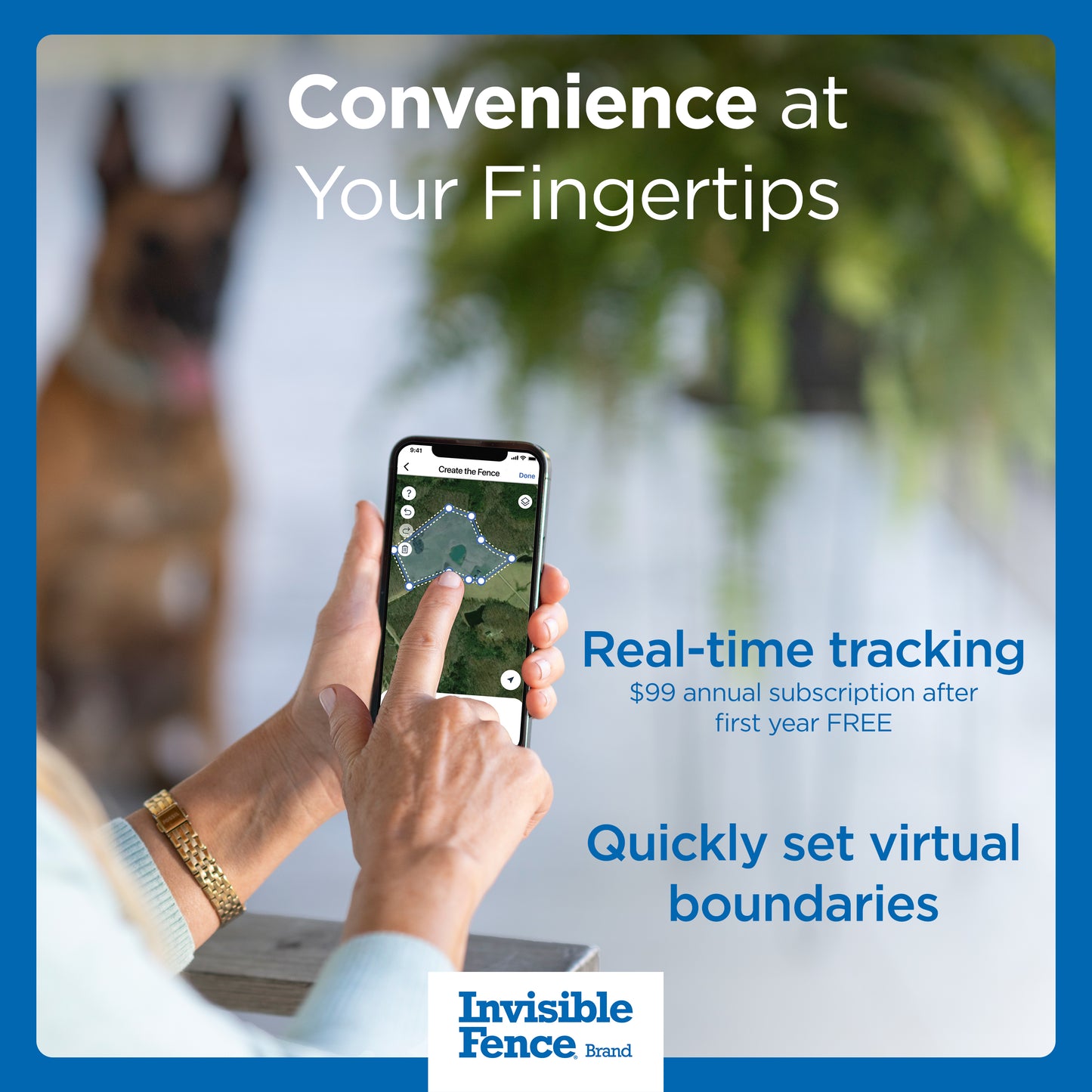 App screen displayed with text on image: Convenience at your fingertips. Real-time tracking. $99 annual subscription after first year free. Quickly set virtual boundaries.
