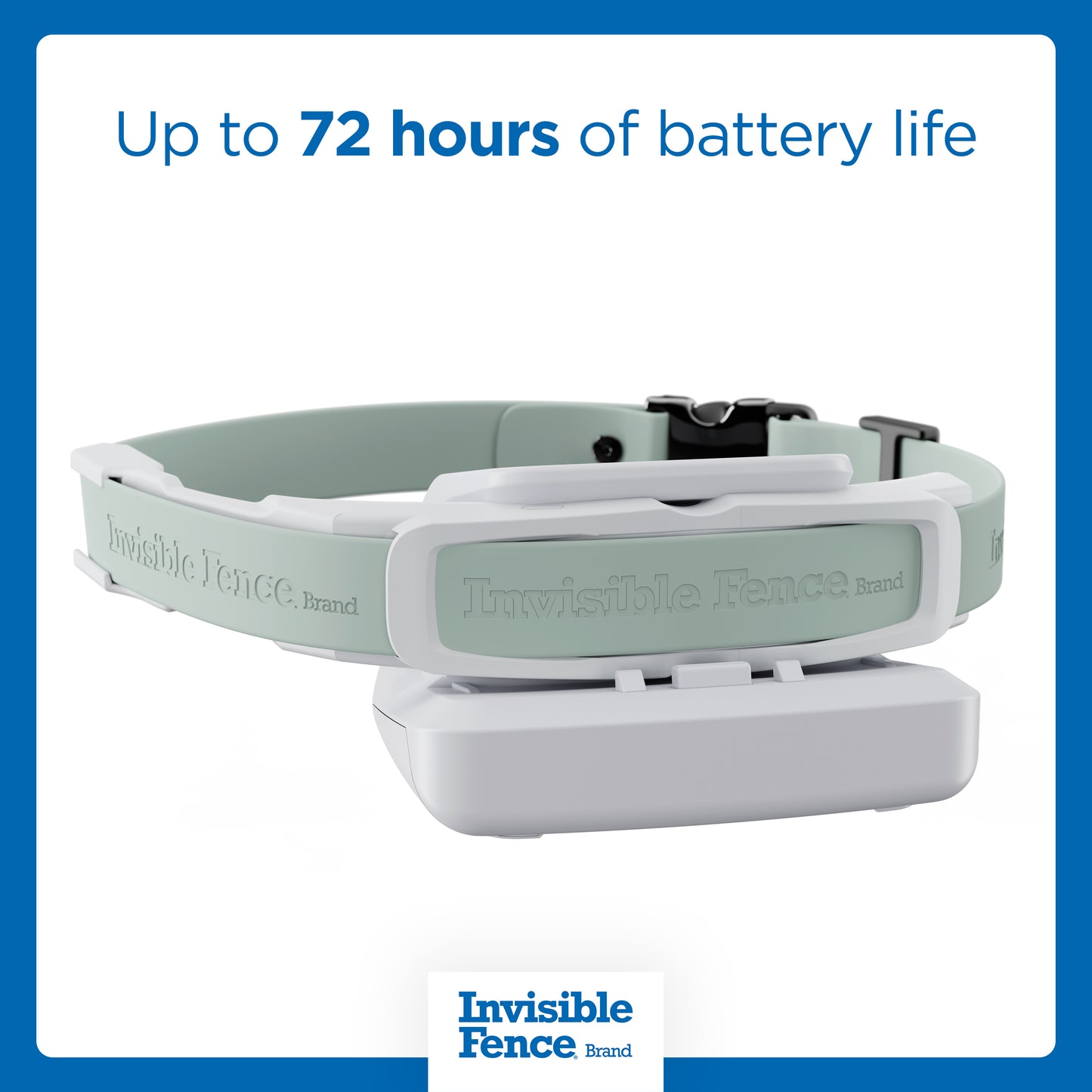 GPS collar on charging base with text on image: up to 72 hours of battery life.