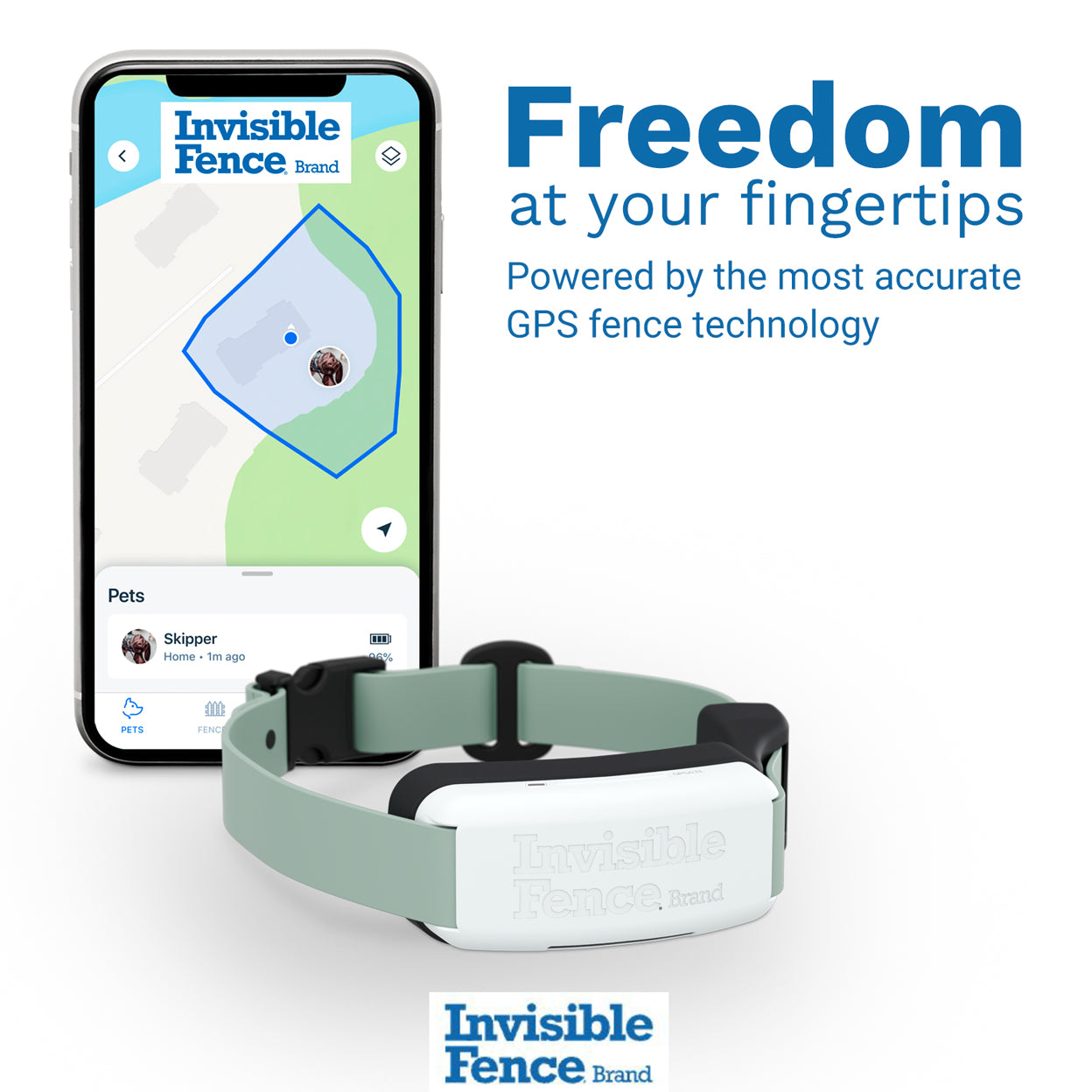 GPS dog collar with image of app screen on phone displaying fence boundary. Text on image: Freedom at your fignertips. Powered by the most accurate GPS fence technology.