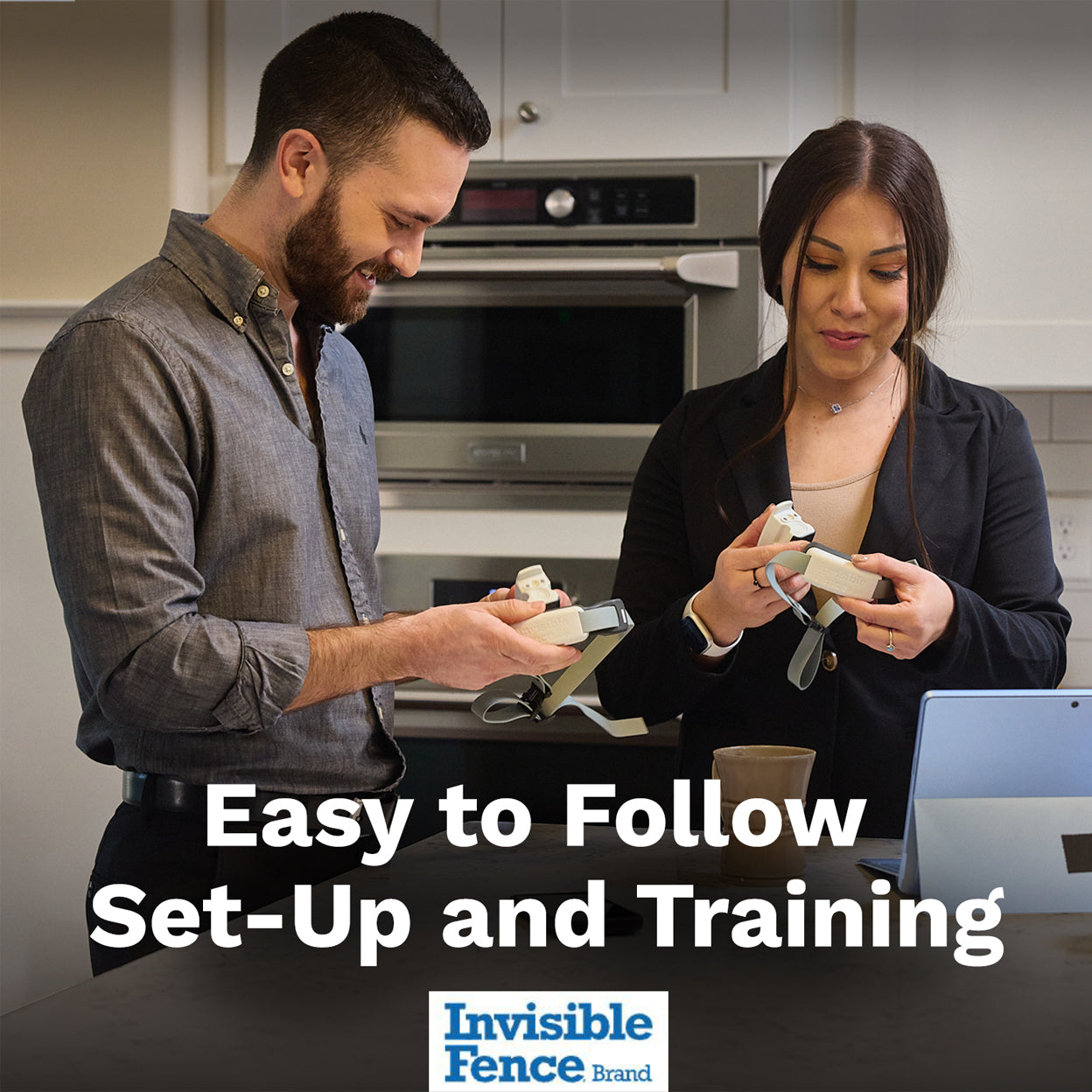 Man and woman unboxing GPS collar. Text on image: Easy to Follow Set-up and Training
