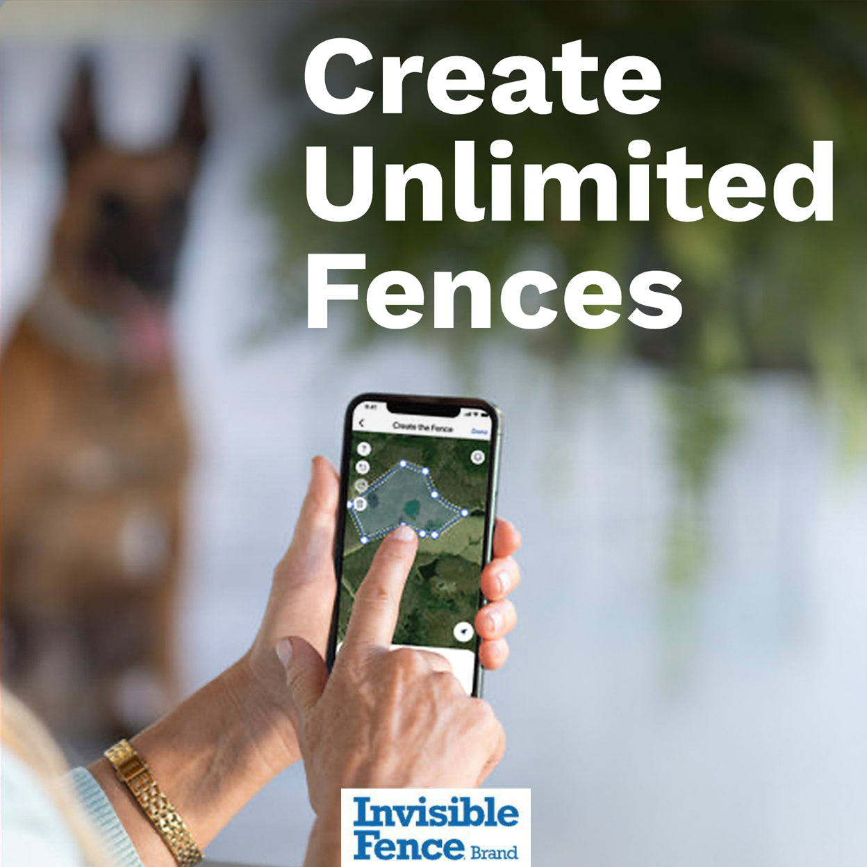 Woman setting up gps dog fence in app. Text on image: Create Unlimited Fences