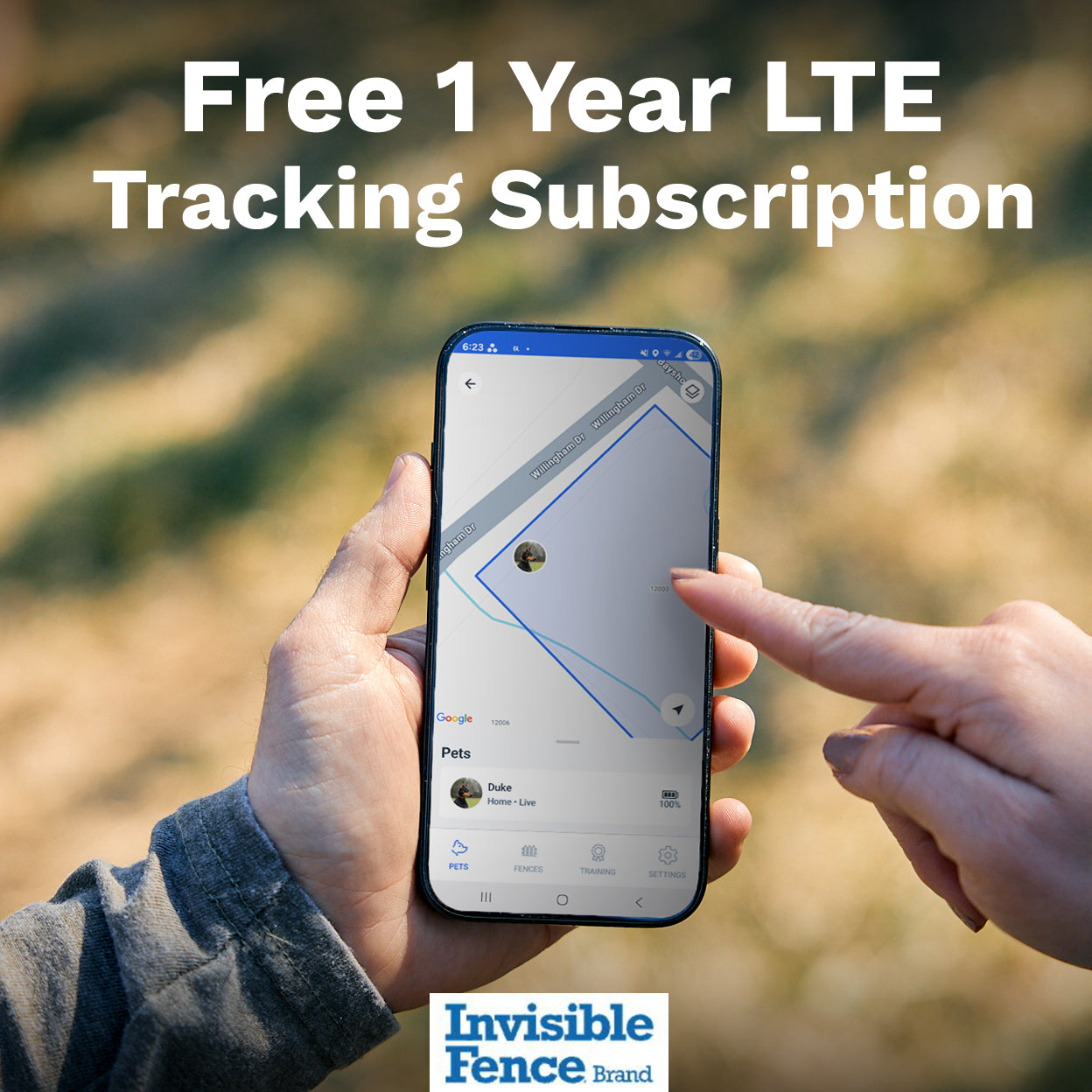 View of dog location on app screen. Text on image: Free 1 Year LTE Tracking Subscription