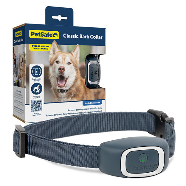 PetSafe Classic Bark Collar with product package in background.