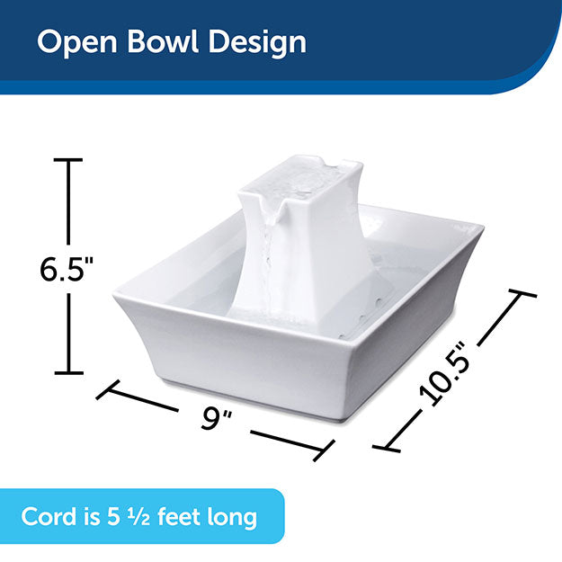 Water fountain with open bowl design and dimension 6.5" height, 9" width, 10.5" length. Cord is 5 1/2 feet long.