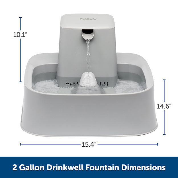 2 Gallon drinkwell fountain dimensions. 10.1" from top of fountain to top of base, 14.6" from top of base to bottom of base, 15.4" wide.