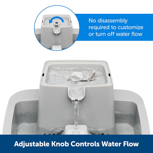 Closeup of top of fountain with arrow showing counter clockwise rotation. Text on image: No disassembly required to customize or turn off water flow. Adjustable knob controls water flow.