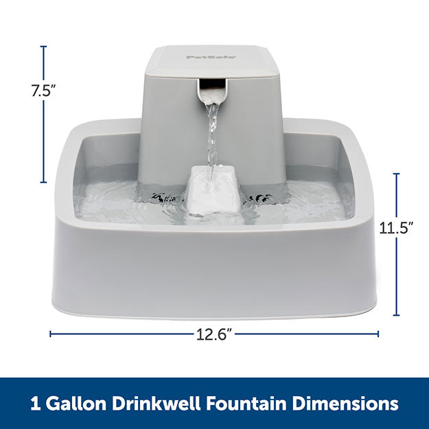 1 Gallon drinkwell fountain dimensions. 7.5" from top of fountain to top of base, 11.5" from top of base to bottom of base, 12.6" wide.