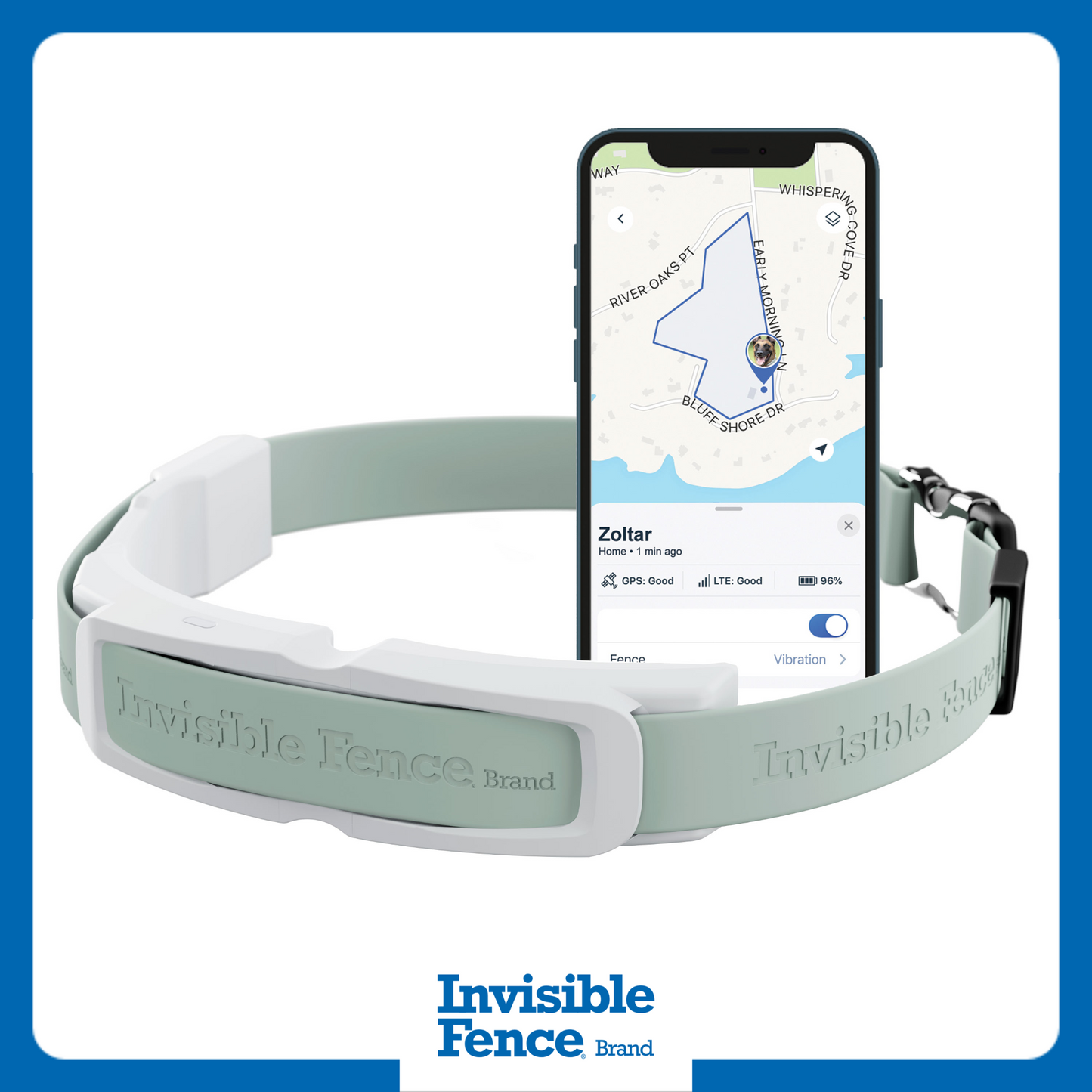 Invisible Fence GPS dog collar with outline of gps fence displayed on app screen