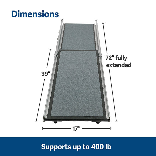 Dimension for car ramp that supports up to 400 pounds. 17" wide, 39" length up to 72" fully extended. 