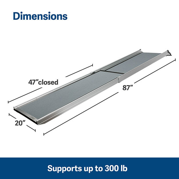 Dimension for car ramp that supports up to 300 pounds. 20" wide, 47" length up to 87" fully extended. 