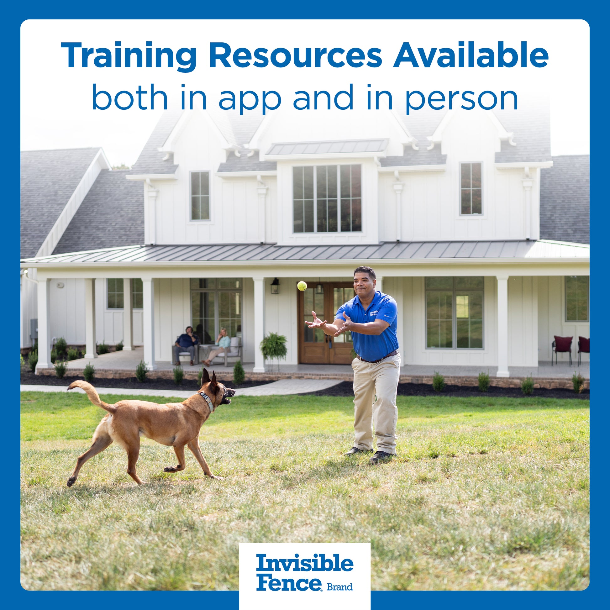 Pet trainer working with dog outside. Text on image: training resources available both in app and in person