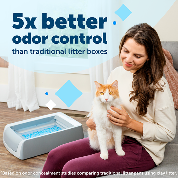 Woman sitting with cat near scoopfree litter box. Text on image: 5x better odor control than traditional litter boxes, based on odor concealment studies comparing traditional litter pans using clay litter. 