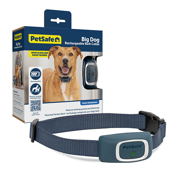 PetSafe Big Dog Rechargeable Dog Collar with product package in background. 