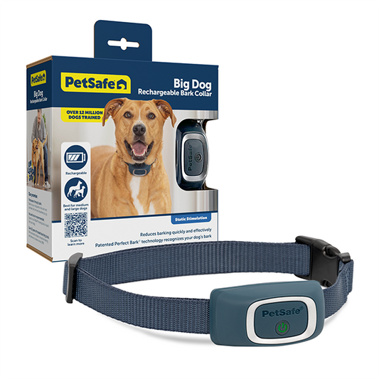 PetSafe Big Dog Rechargeable Dog Collar with product package in background. 