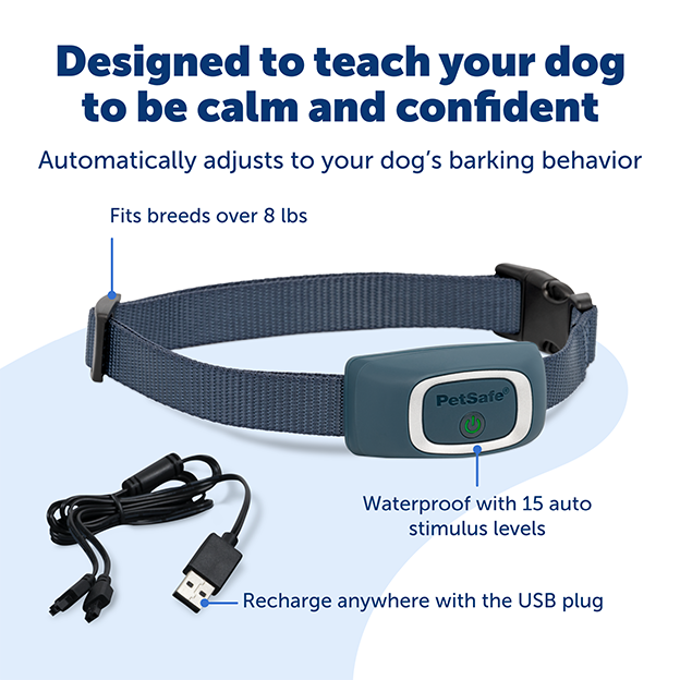 Card with text: Designed to teach your dog to be calm and confident. Automatically adjusts to your dog's barking behavior. Fits breeds over 8 pounds. Waterproof with 15 auto stimulus levels. Recharge anywhere with the USB plug.