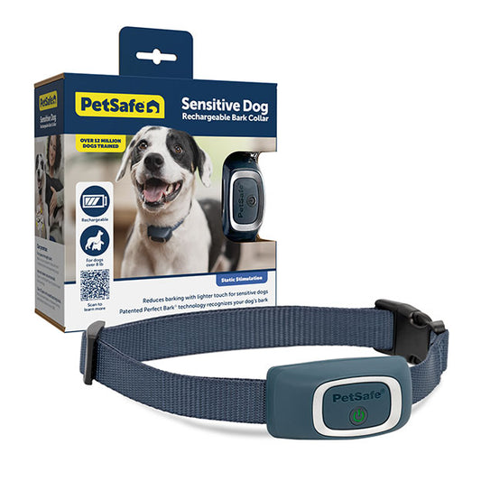 Sensitive Dog Rechargeable Bark Collar with product package in background. 