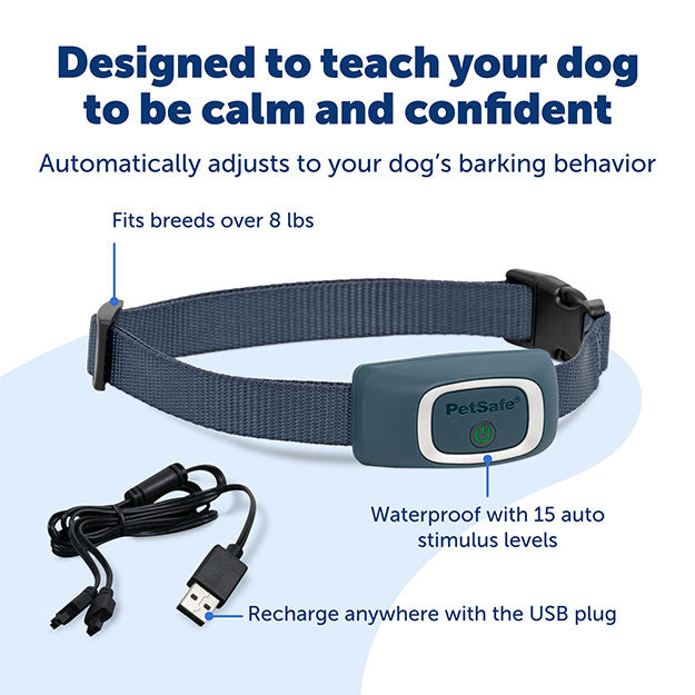 Card with text: Designed to teach your dog to be calm and confident. Automatically adjusts to your dog's barking behavior. Fits breeds over 8 pounds. Waterproof with 15 auto stimulus levels. Recharge anywhere with the USB plug. 