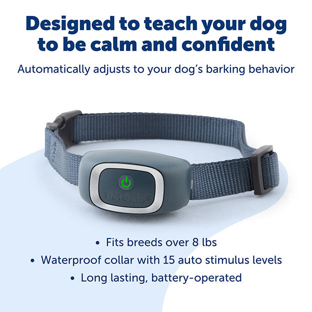 Card with text: Designed to teach your dog to be calm and confident. Automatically adjusts to your dog's barking behavior. Fits breeds over 8 pounds. Waterproof collar with 15 auto stimulus levels. Long lasting, battery-operated.