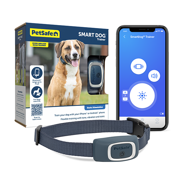 PetSafe Smart Dog Trainer collar with app screen and product package in background
