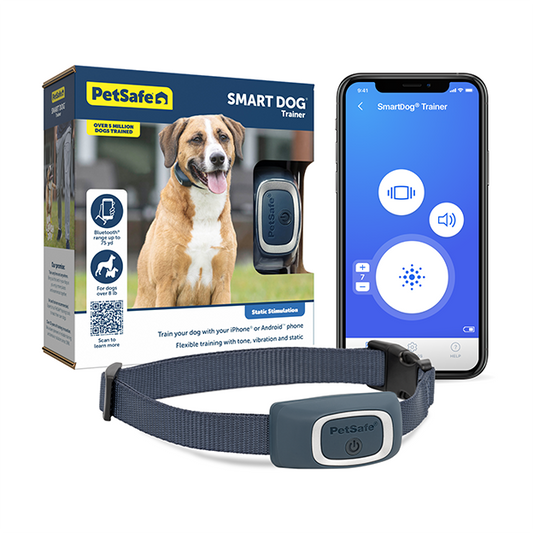 PetSafe Smart Dog Trainer collar with app screen and product package in background