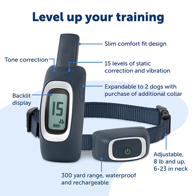 Remote and training collar to level up your training with product features outlined from top to bottom: Slim comfort fit design, tone correction, 15 levels of static correction and vibration, expandable to  2 dogs with purchase of additional collar, backlit display, adjustable, 8 lbs and up, 6-23 in neck, 300 yard range, waterproof and rechargeable