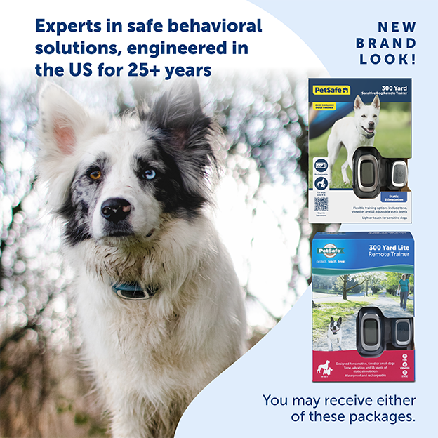 Dog wearing training collar with text on image: Experts in safe behavioral solutions, engineered in the US for 25+ years. New Brand Look, you may receive either packages. 