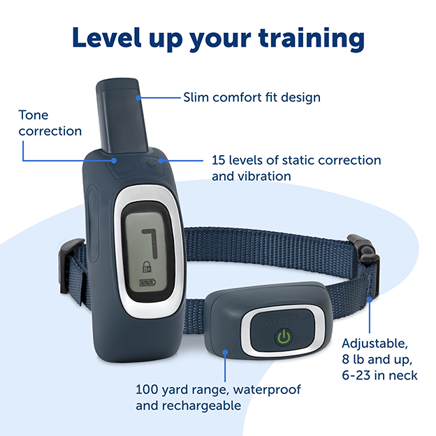Remote and training collar to level up your training with product features outlined from top to bottom: Slim comfort fit design, tone correction, 15 levels of static correction and vibration, adjustable, 8 lbs and up, 6-23 in neck, 100 yard range, waterproof and rechargeable