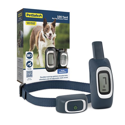 PetSafe Remote Trainer collar and remote with product package in background