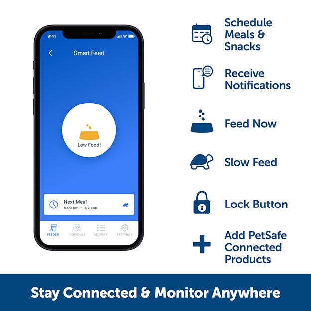 Stay connected and monitor anywhere with app. Features including Schedule meals and snacks, receive notifications, feed now, slow feed, lock button, add PetSafe connected products.