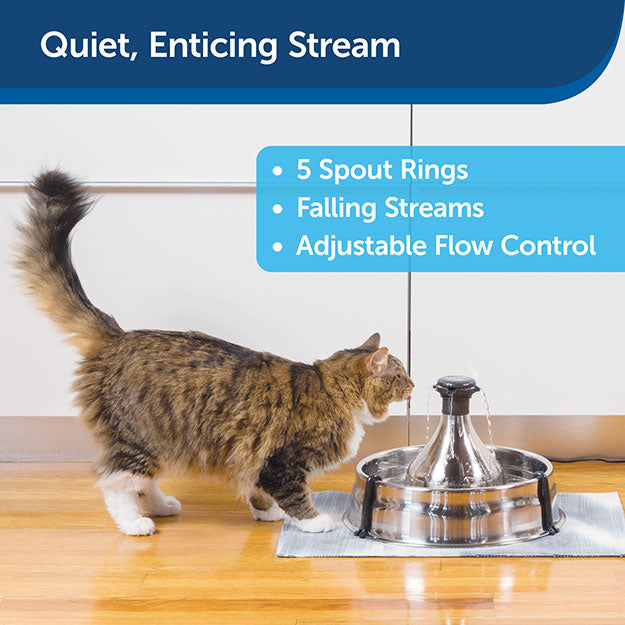 Cat drinking from fountain with text on image: Quiet, enticing stream. 5 spout rings, falling streams, adjustable flow control. 