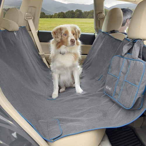 Dog sitting in back seat protected by heather back seat hammock